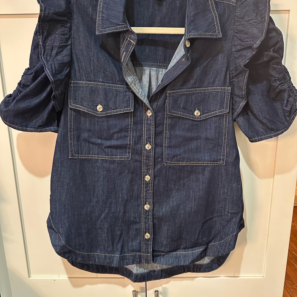 Pilcro Denim Button-Up Shirt with Ruffled Sleeves